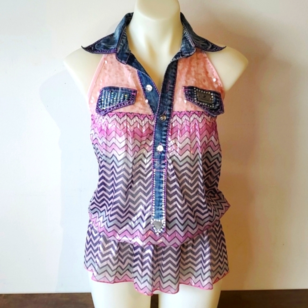 Silky pink sparkle rhinestone & acid washed denim Button Up top